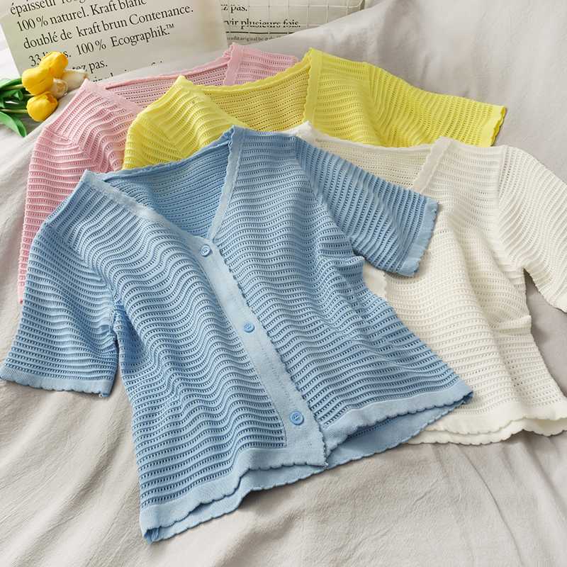 Pearl Diary Women Knitted Cardigan Short Sleeve Buttoned Top Stripe Casual Knitting Top Ruffle Hem Cute Hollow Cut Cardigan, White
Pearl Diary Women Knitted Cardigan Short Sleeve Buttoned Top Stripe Casual Knitting Top Ruffle Hem Cute Hollow Cut Cardigan, White