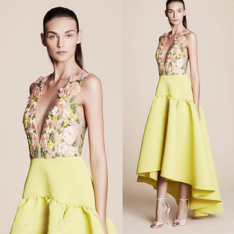 2019 Bright Yellow Prom Dresses Deep V-Neck Flower Embroidery Dress Sexy High Low Evening Dresses Party Women Gowns