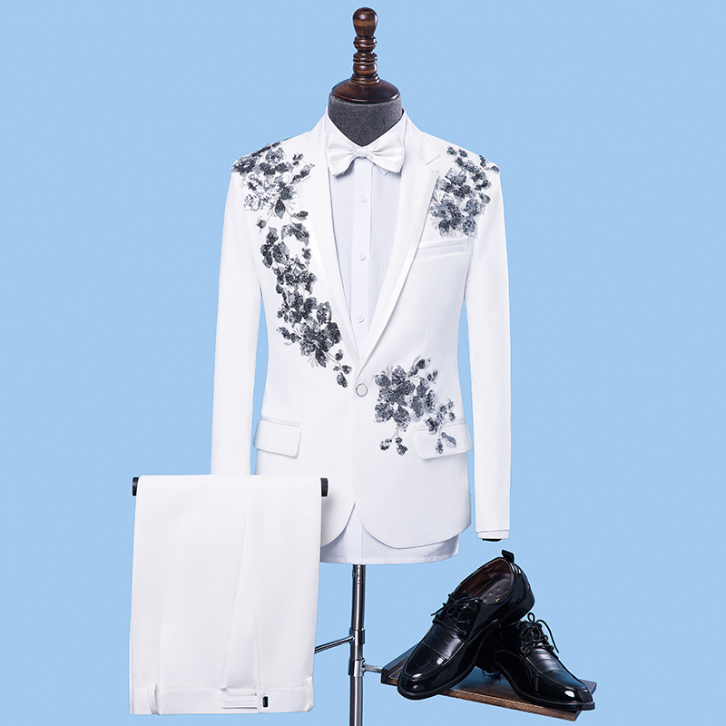 Sequins Applique Groom Wedding Tuxedos Slim Fit One Button Mens Pants Suits Best Men Wear 2 piece Formal Blazer In Stock
