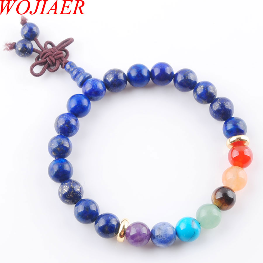 WOJIAER 8mm Natural Stone Round Beads Palm Strands Bracelets 7 Chakra Healing Mala Meditation Prayer Yoga Bracelet Jewelry BK334