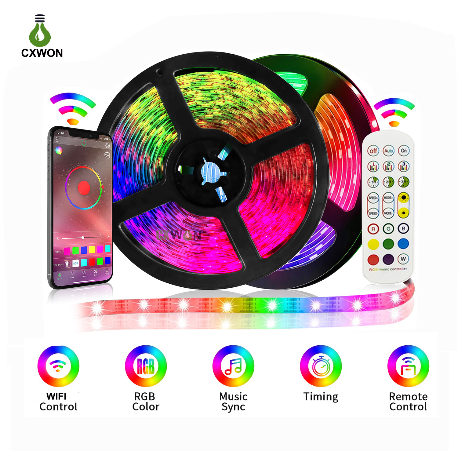 RGB LED Strip Lights kit Flexible Tape Ribbon strips light SMD5050 16.4ft 32.8ft Wifi Bluetooth Music Sync Controller + Adapter Included
RGB LED Strip Lights kit Flexible Tape Ribbon strips light SMD5050 16.4ft 32.8ft Wifi Bluetooth Music Sync Controller + Adapter Included