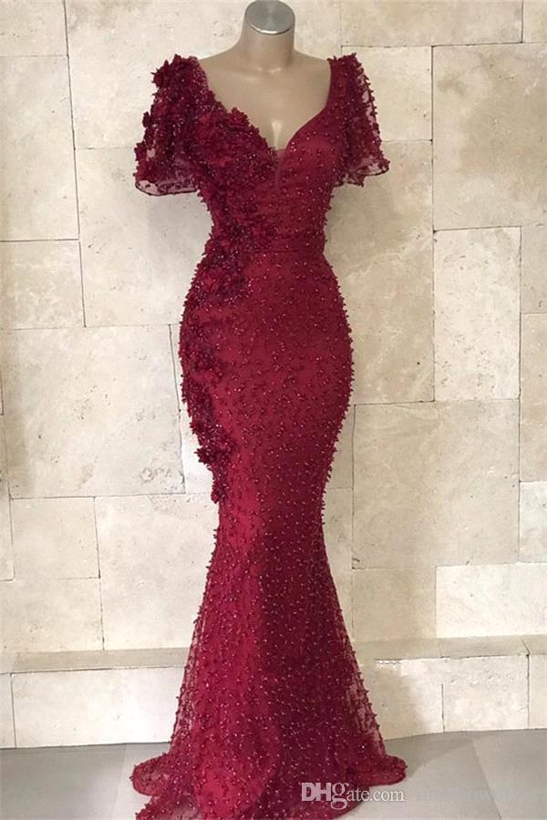 Red Mermaid Dark Evening Dresses New Short Sleeves V Neck Lace Beaded Pearls Arabic Long Party Prom Gowns Robe De Mariee Modest 6660306
