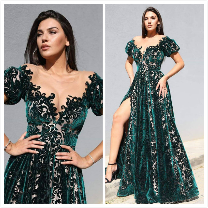hunter green lace sexy evening dresses sheer neck velvet prom dresses vintage noble formal party bridesmaid pageant gowns