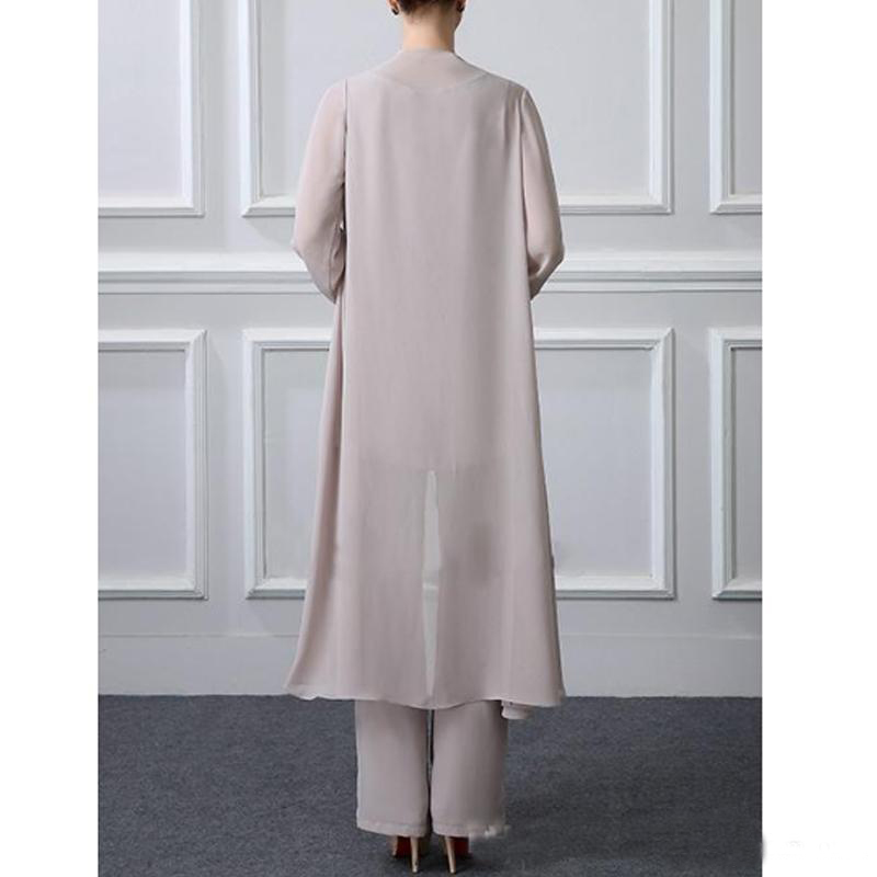 Gray Chiffon Three Piece Mother Of The Bride Pant Suit With Long Jacket Plus Size Evening Dresses Formal Party Gowns