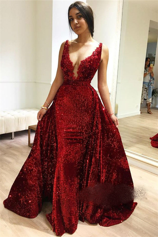 2019 Red Mermaid Prom Dresses With Detachable Train Sleeveless Lace Applique Evening Gowns Sexy Cocktail Party Dresses robes de soirée