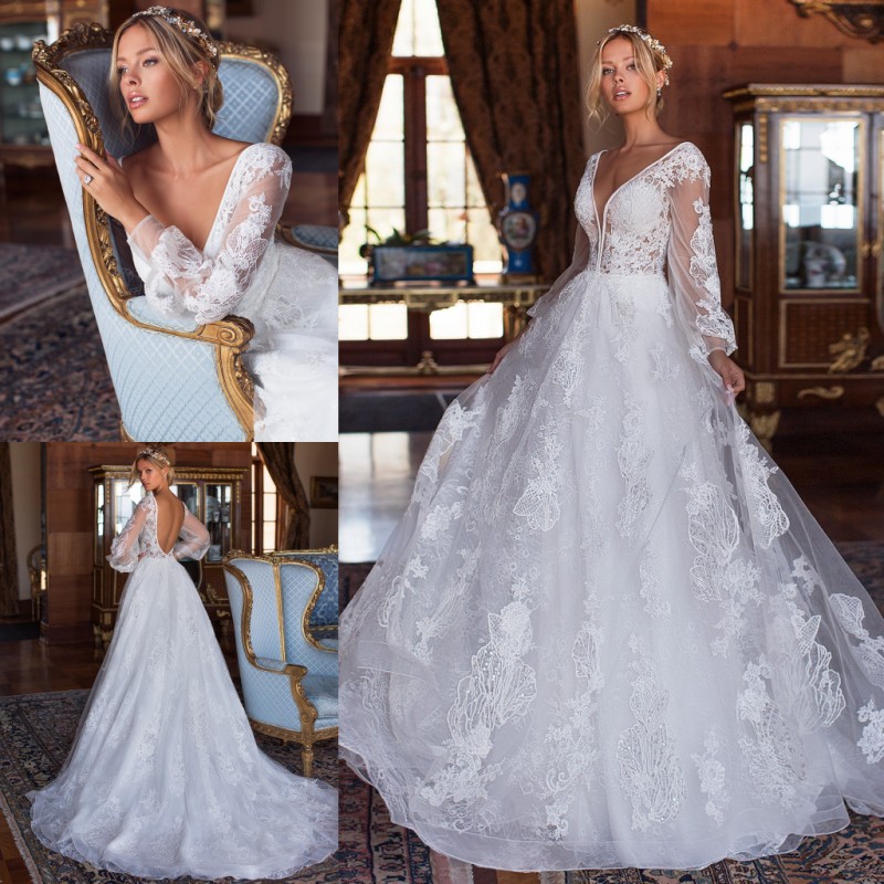 Beach Ful Lace Backless Wedding Dresses Beaded V Neck Long Sleeves Bohemian Bridal Gowns A E Sweep Train Boho Vestido De Novia