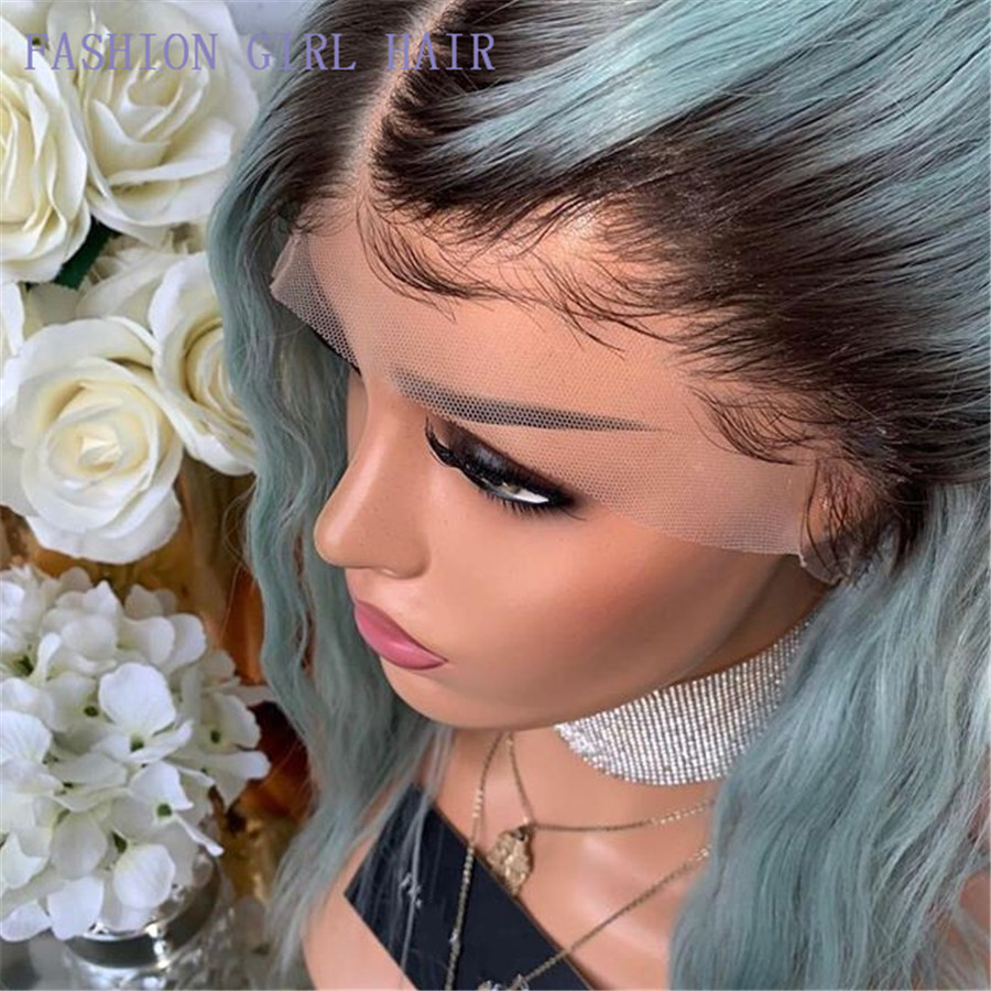 New middle part water wave Bob Wig Ombre green color brazilian Lace Front wig Pre Plucked Short synthetic Wigs for Black Women