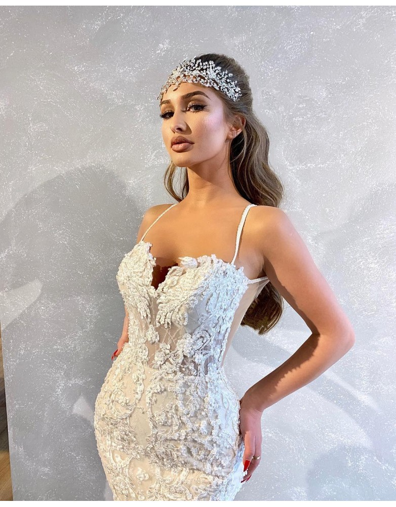 elegant mermaid wedding dresses spaghetti sleeveless beads appliques lace wedding dresses court train bridal gowns