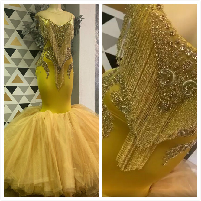 Aso Ebi 2020 Arabic Yellow Luxurious Sexy Evening Dresses Mermaid Beaded Crystals Prom Dresses Tulle Formal Party Second Reception Gowns ZJ4
