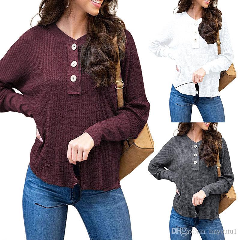 hot sale Women Autumn Blouse Waffle Button Up Front Oversize Loose Knit Blouse Shirt Tops Women Blusas 2019 Fall New