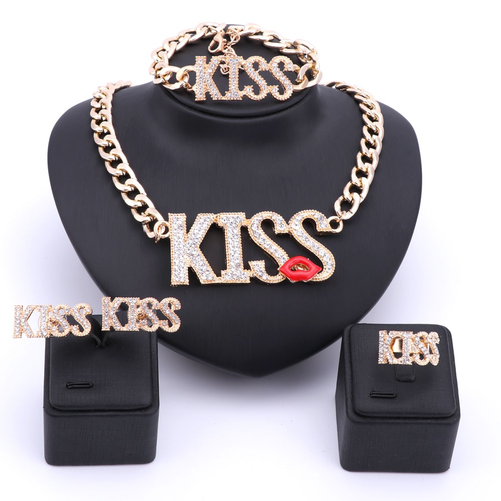 New Sexy Women Accessories Gold/Silver Plated Crystal Jewelry Sets Kiss Lipstick Big Letter Pendant Necklace Bracelet Earring Ring
New Sexy Women Accessories Gold/Silver Plated Crystal Jewelry Sets Kiss Lipstick Big Letter Pendant Necklace Bracelet Earring Ring
