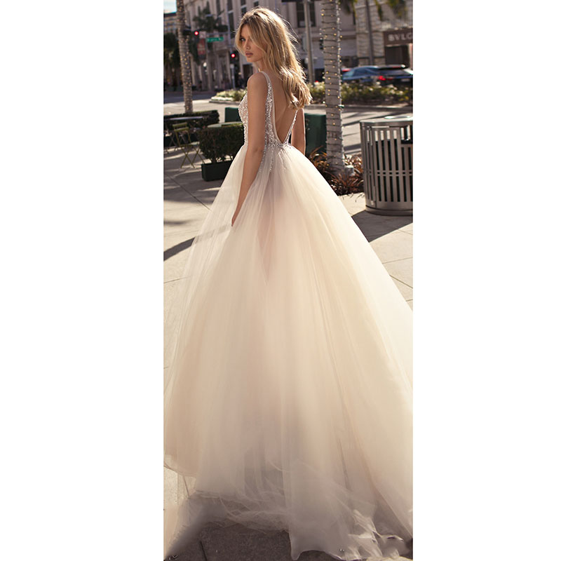 Berta Designer a line wedding dress bling top beaded deep v neck crystal bohemian country wedding dresses bridal gowns sexy split backless