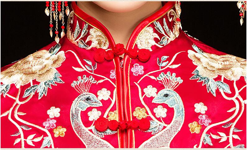 Red Peacock Pleated Xiuhe Dress Oriental Wedding Clothing Bride's Wedding toast dress Traditional Cheongsam For Oversea Chinese