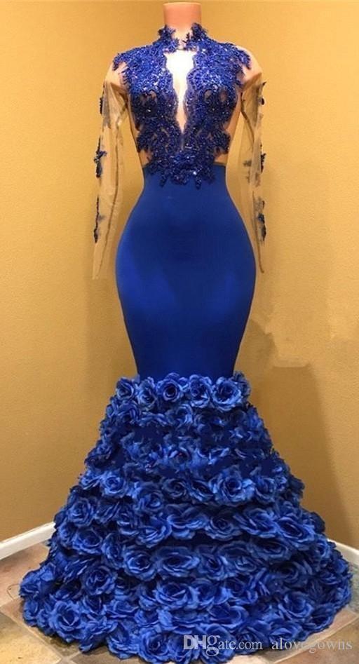 High Neck Royal Blue Mermaid Prom Dresses 2019 With Sheer Long Sleeve Evening Gowns Lace Appliques Rose Flowers Formal Party Dress