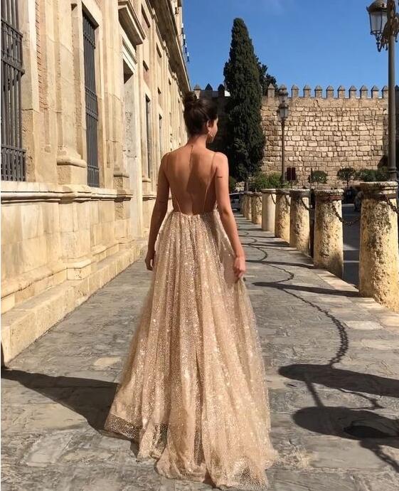 Cheap Deep V Neck Sequined Prom Dresses Tulle Backless Robe De Soiree New Spaghetti Straps Long Party Gowns Abendkleider Evening Dress