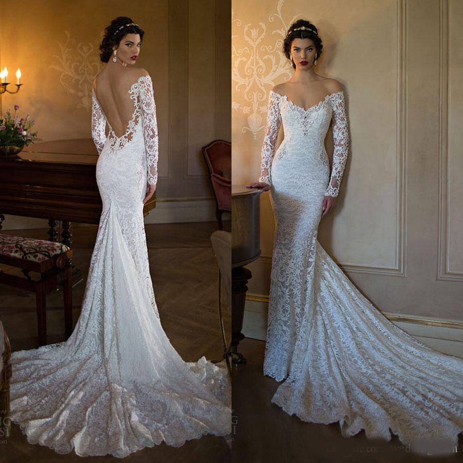 Berta Full Lace Backless Wedding Dresses Mermaid Off The Shoulder Long Sleeves Wedding Gowns Chapel Train Beaded Trumpet Bridal Gown 2020