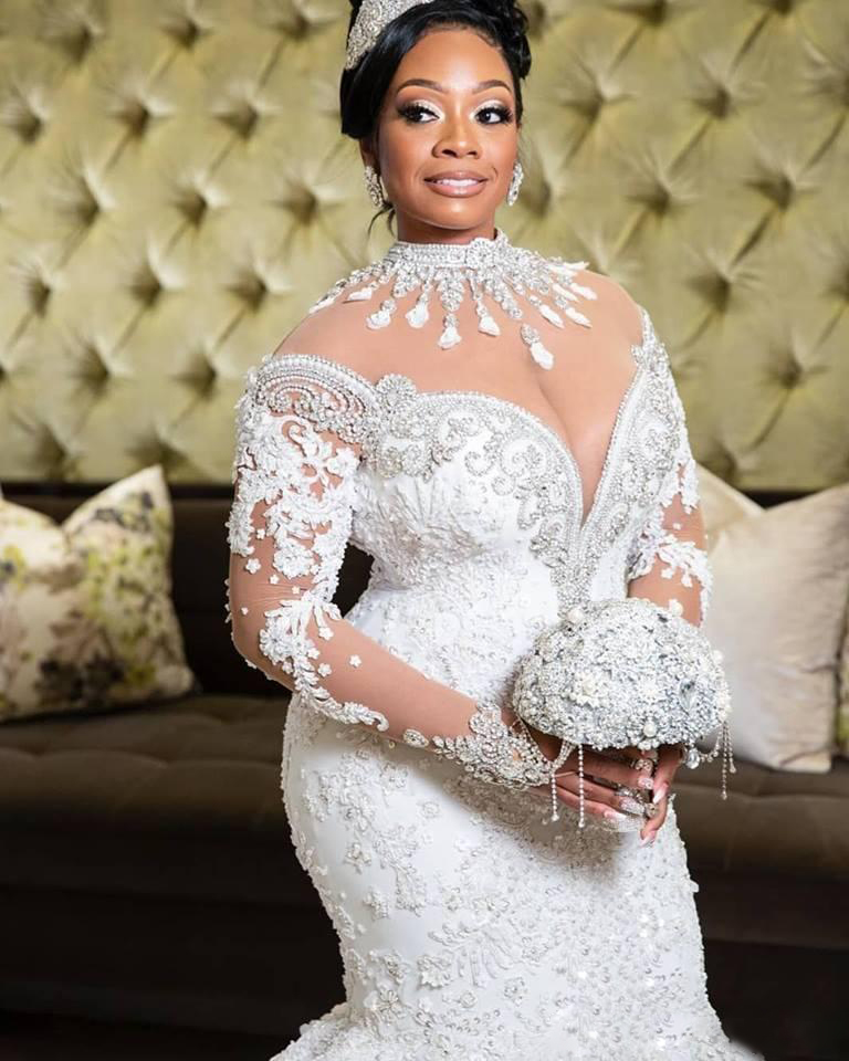 Plus Size Mermaid Wedding Dresses Beaded High Neck Lace Appliqued Long Sleeves Bridal Gowns Chapel Train Tulle Trumpet Robe De Marie