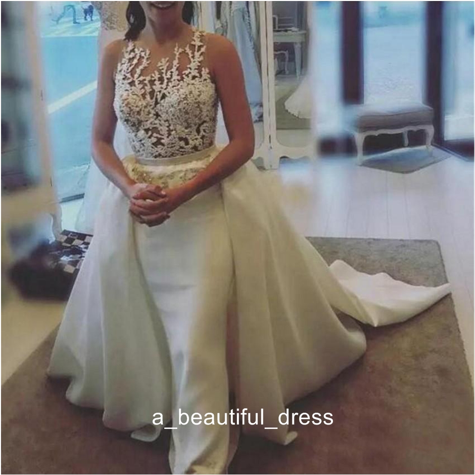 Mermaid Wedding Dresses With Applique Sheer Neckline Sleeveless Wedding Gowns With Detachable Train Sheer Back Bridal Gowns ED1187