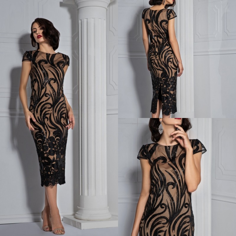 Bien Savvy 2019 Sheath Mother of the Bride Dresses Tea Length Black Lace Wedding Guest Dresses Cheap Short Sleeve Dress Evening Wear