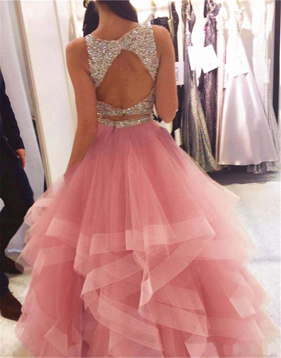 2020 Exquisite Sequin Beaded Organza Ruffles Prom Dresses Two Piece Pink Crystals Bodice Long Evening Gowns Elegant Prom Party Dress