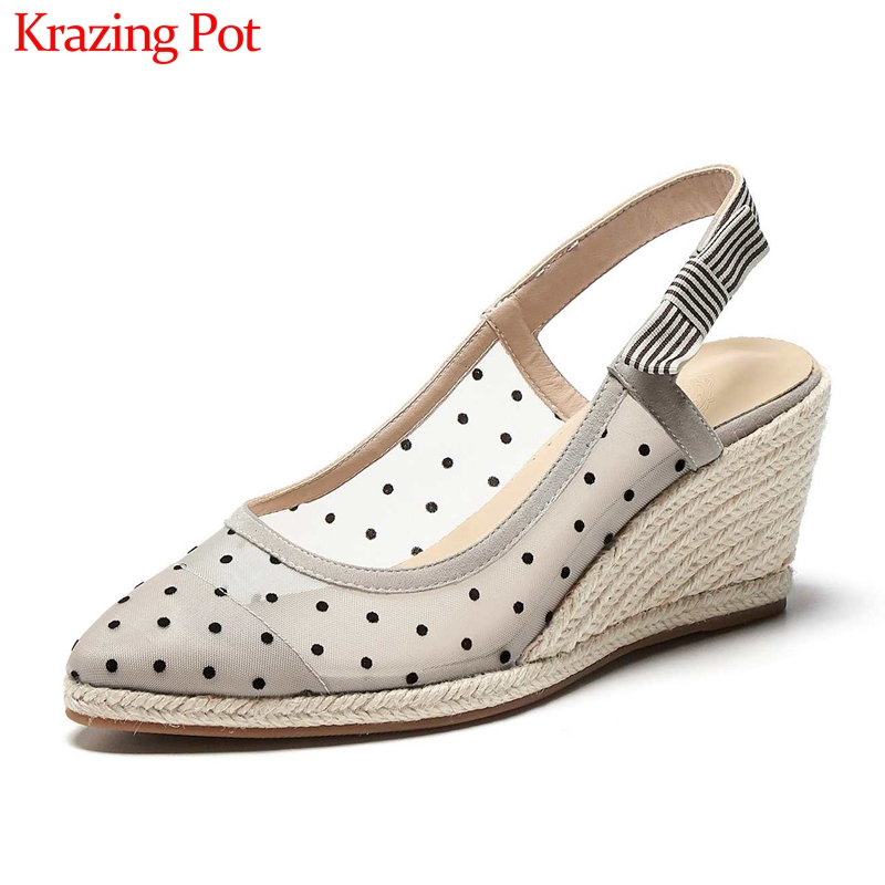 Krazing pot kid suede air mesh polka dot cute butterfly-knot sandals pointed toe high heels straw wedges elegant shoes women L25, Black
Krazing pot kid suede air mesh polka dot cute butterfly-knot sandals pointed toe high heels straw wedges elegant shoes women L25, Black