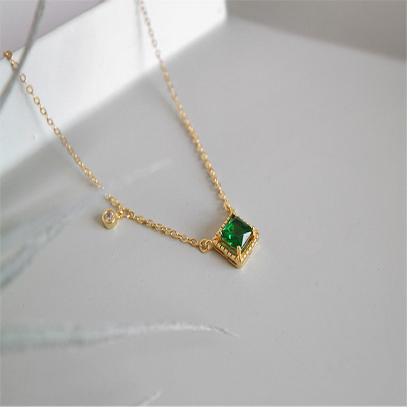 New Fashion 925 Sterling Silver Emerald Square Pendant Necklaces For Women White Zircon Charms Geometric Necklace&Pendant