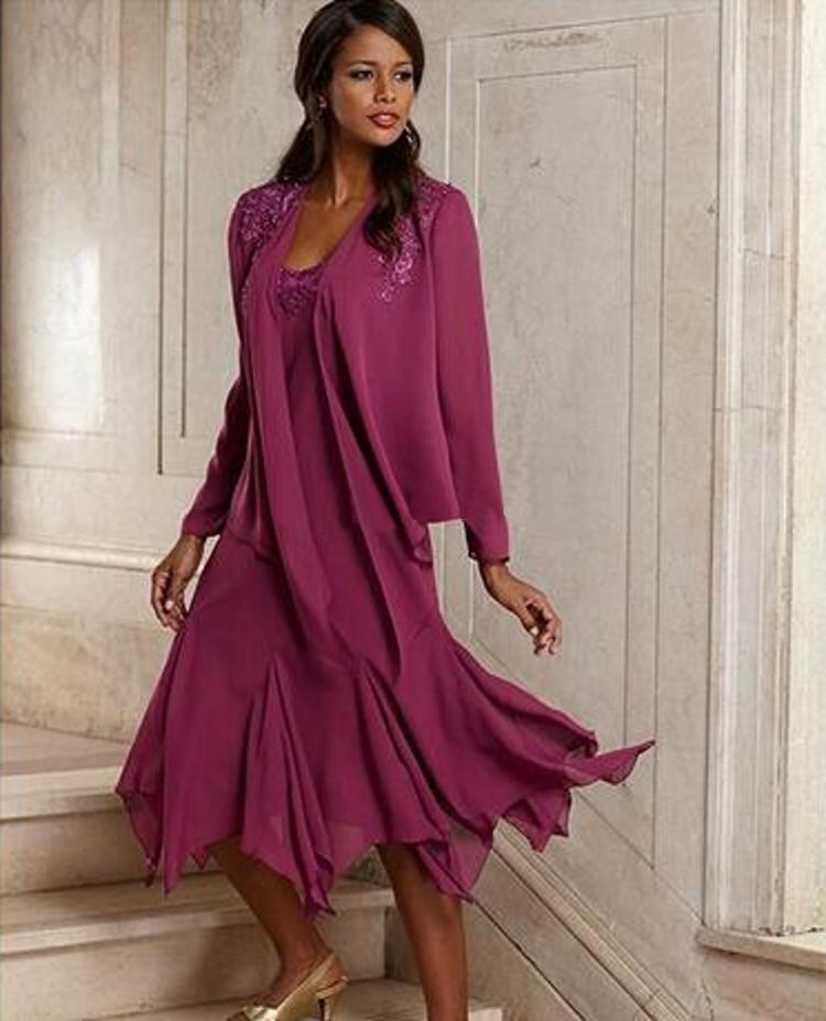 Purple Chiffon Mother Of The Bride Dresses Scoop Long Sleeves Tea Length Flowy Mother Prom Dresses Wedding Guest Dresses