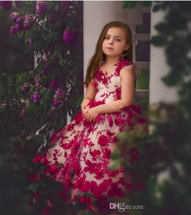 cute ballroom flower girl dresses jewel neck 3d floral appliqued long girl pageant gowns ruffle floor length custom made birthday gown