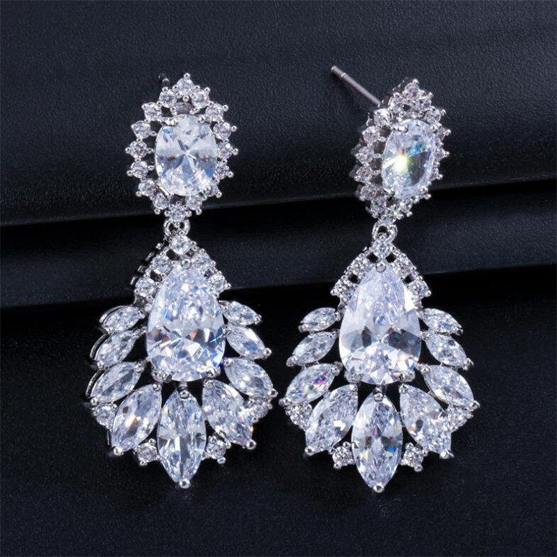 Hot Sale Luxury Jewelry 925 Sterling Silver Water Drop White Topaz CZ Diamond Crown Earring Party Women Wedding Bridal Dangle Earrings Gift