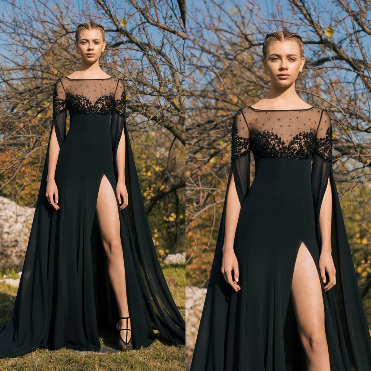 Georges Hobeika 2019 Prom Dresses Sheer Neck Long Sleeve Beaded Chiffon Evening Gowns Thigh High Slits Sexy Formal Party Dresses