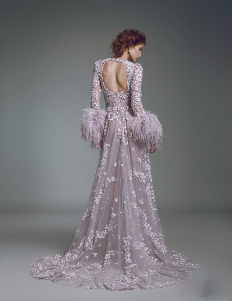 alfazairy lavender prom dresses luxury feather long sleeve lace beads 3d floral appliqued party evening gowns formal occasion dress