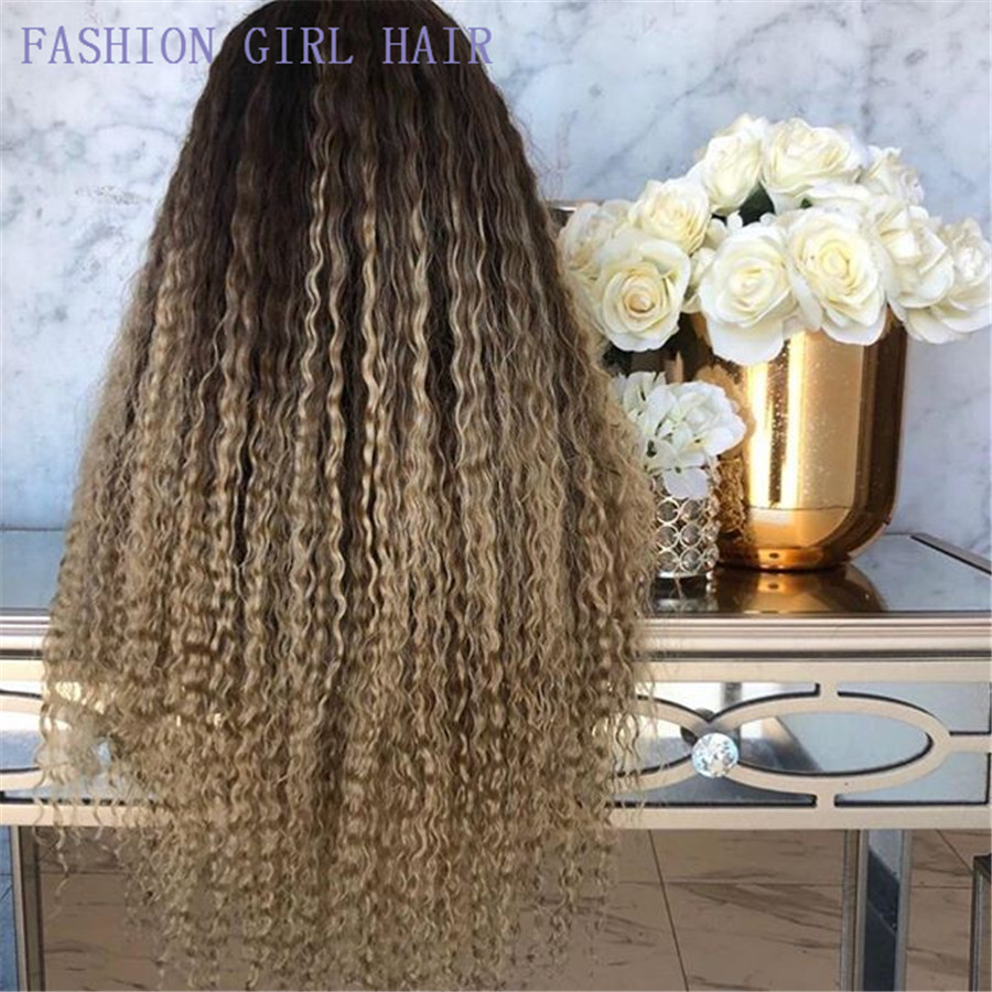 New Kinky Curly simulation Human Hair Wig with baby hair Ombre blonde synthetic Lace Front Wigs heat resistant For Women