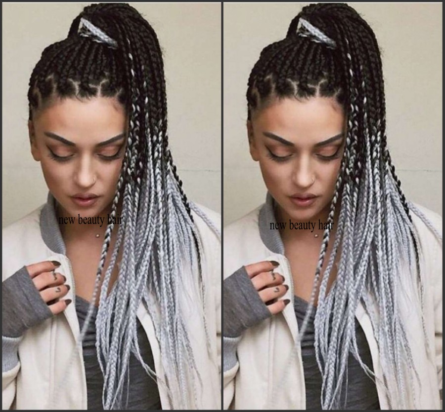 Dark Black Ombre Grey Braid Wig Long Gluelesss Heat Resistant Fiber Synthetic Lace Front Braid Wig brazilian hair Box Braids Wig