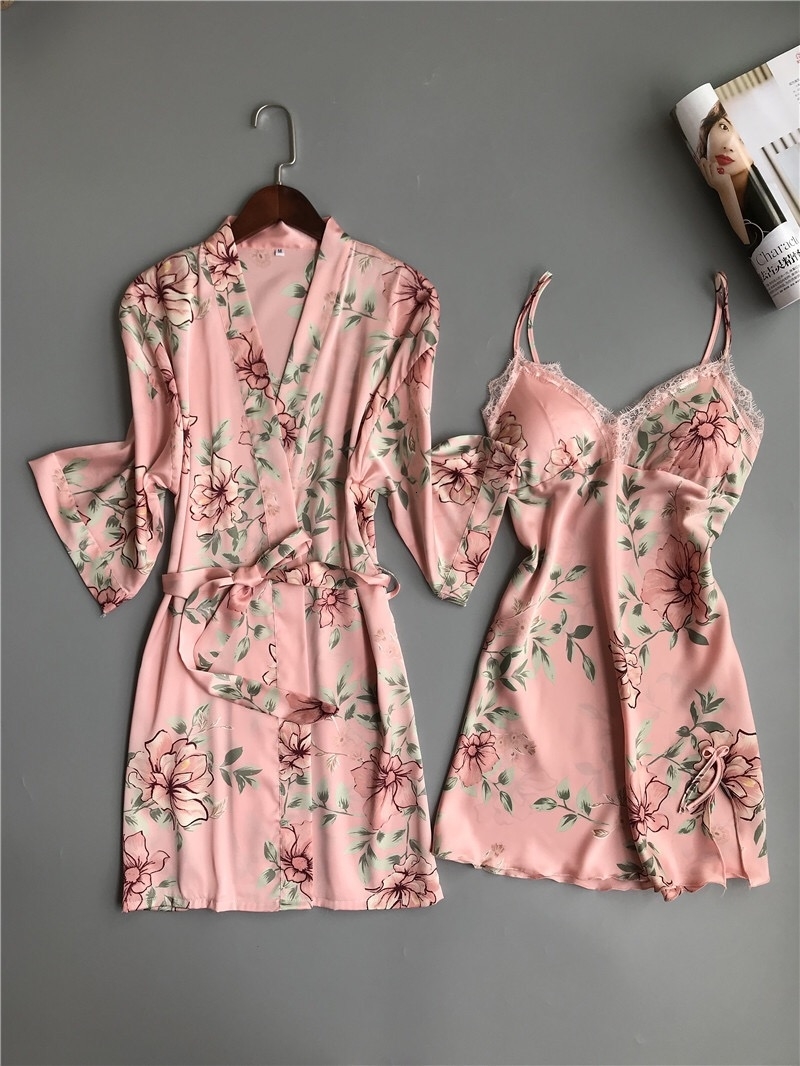 Nighties Women Pajamas Satin Sleepwear Pijama Silk Home Wear Lace Home Robe Chest Pads Sleep Lounge Pyjama pink white 3 Pieces V191213