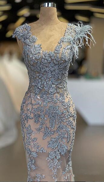 Dusty Blue Illusion Prom Dresses 2020 African Lace Feathers Mermaid Evening Dress Beaded Party Wear Pageant Gowns