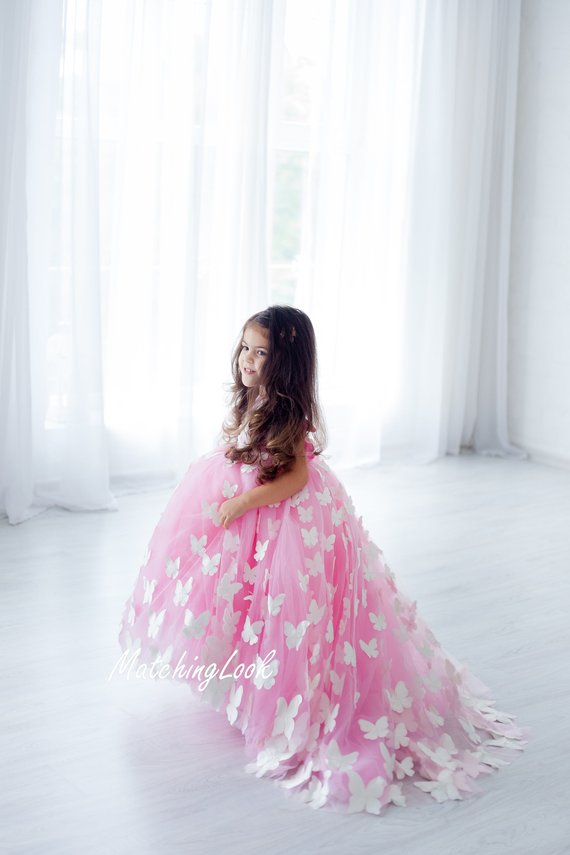 Butterfly Tutu Flower Girl Dresses Sweep Train Jewel Neck Backless Girls Princess Dress Custom Made Cute Christmas Gowns With Petticoat