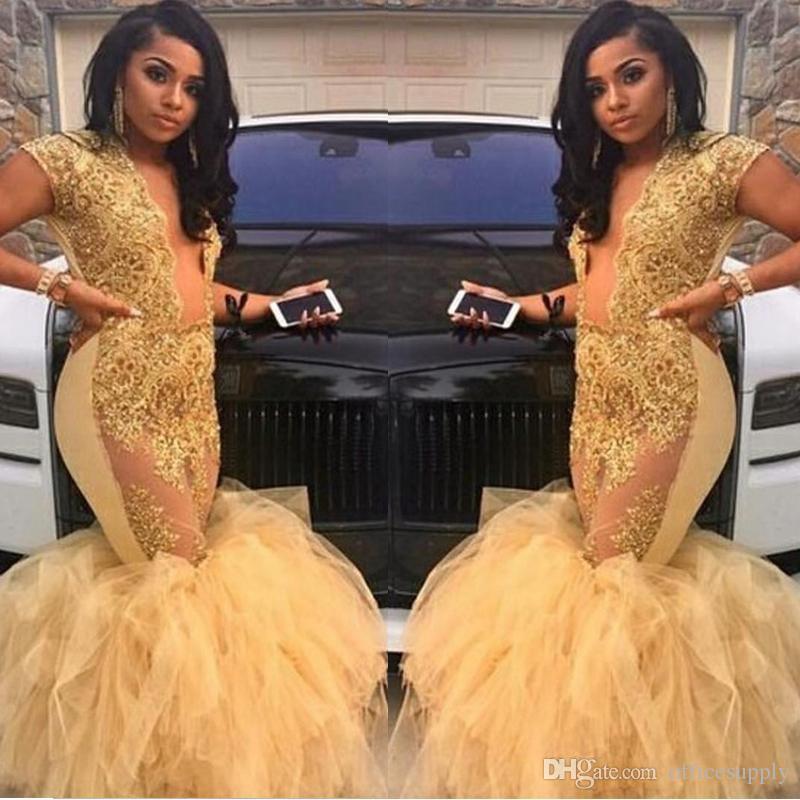2019 Gold Mermaid Prom Dresses Lace Appliqued Beads Short Sleeve V Neck Evening Dress Floor Length Custom Special Occasion Gowns Party Wear