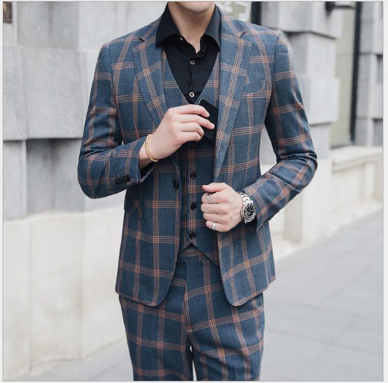 Fashion Plaid Tweed Bridegroom Wedding Clothing Best Men Suits Three Pieces (Blazer+Pant+Vest) Business Banquet Tuxedos For Sale