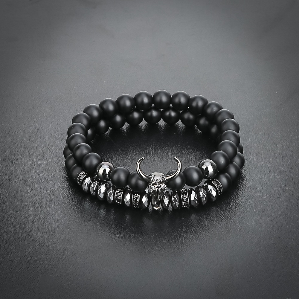 Bead Bracelets for Men Charm Black Bull Matte Onyx Stone Bangle Fashion 8MM Charm Ox Head Bracelets & Bangles Jewelry