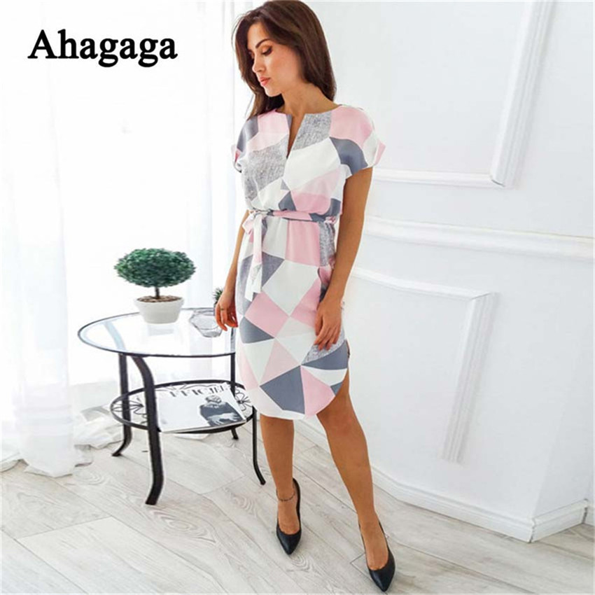 Ahagaga 2019 Spring Dress Women Fashion Print Elegant Cute Sashes O-neck Sexy Slim Sheath Dress Women Dresses Vestidos Robes Y190514