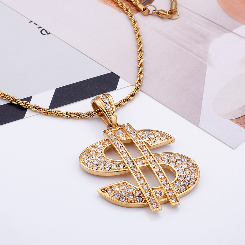 Men's Hip Hop Dollar Sign Pendants Necklace 316L Stainless Steel Full Cubic Zirconia Setting 18K Gold Plated Jewelry