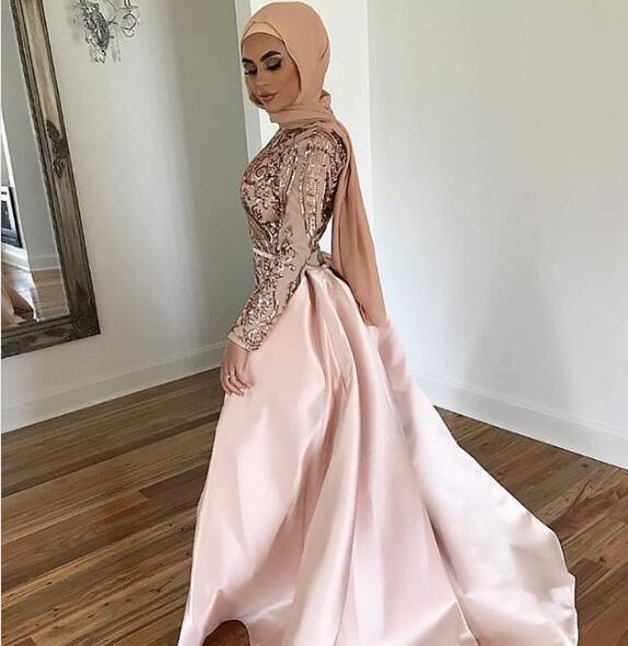 Scarlett Rose Gold Blush Mermaid Evening Formal Dresses with Long Sleeve 2019 Jewel Neck Muslim Dubai Arabic Occasion Prom Plus Size Gown