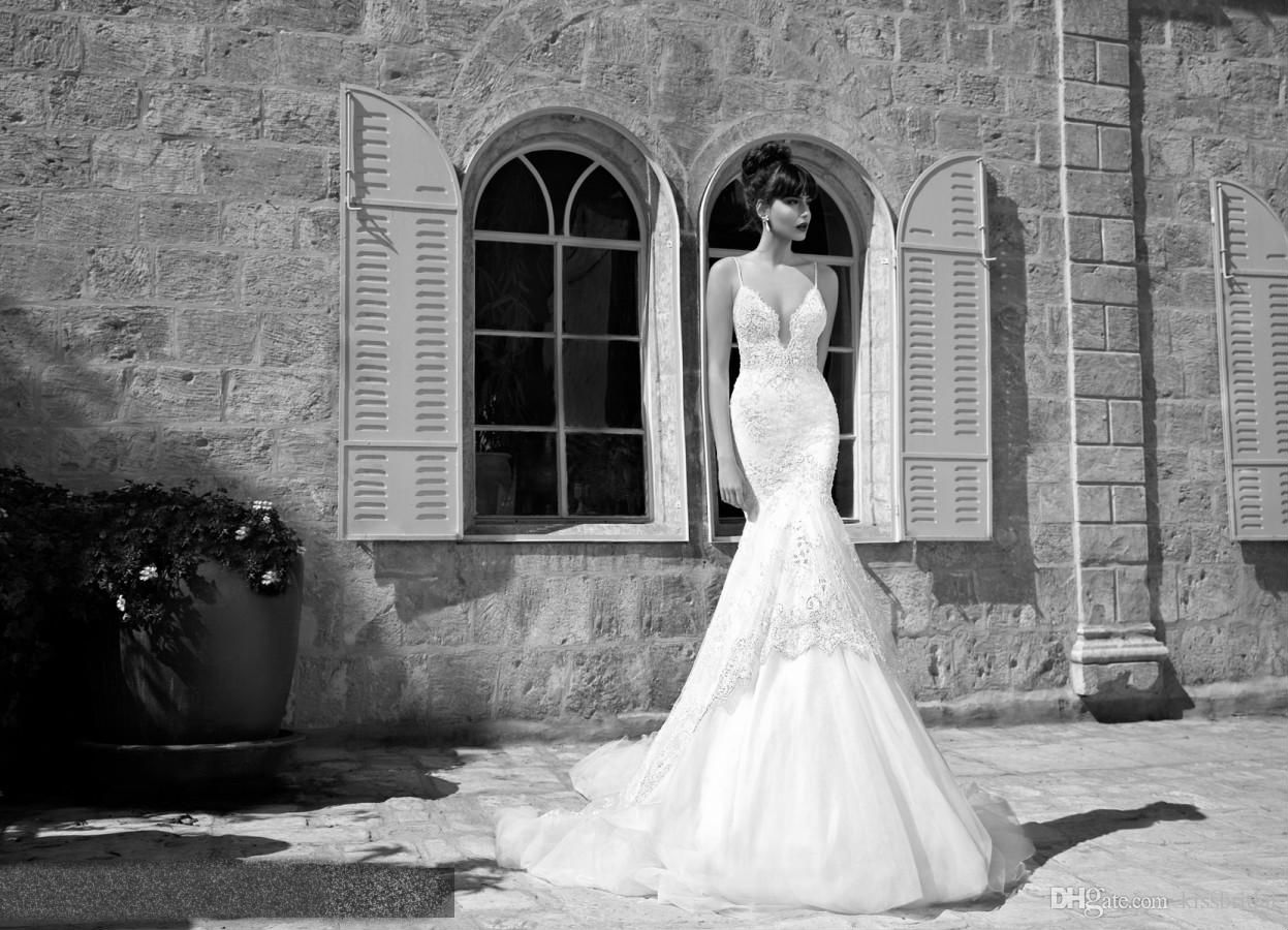 Berta 2019 Mermaid Wedding Dresses Spaghetti Straps Lace Applique Beaded Bridal Gowns Court Train Custom Made Beach Wedding Dress