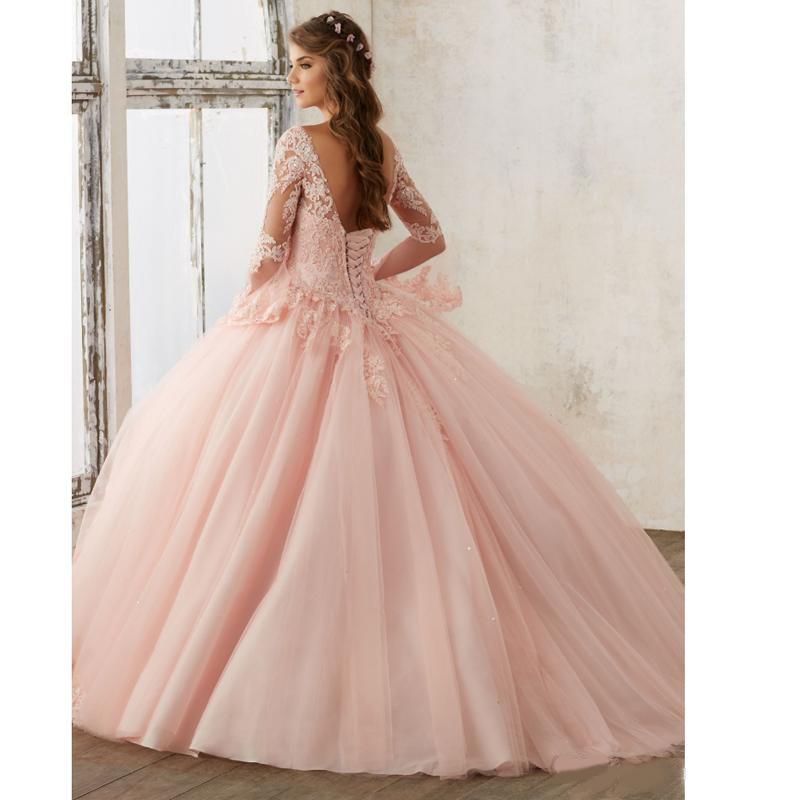 Long Sleeve Sky Blue Ball Gown Quinceanera Dresses V Neck Lace Appliques Long Prom Sweet 16 Prom Gowns Vestidos De Quinceanera