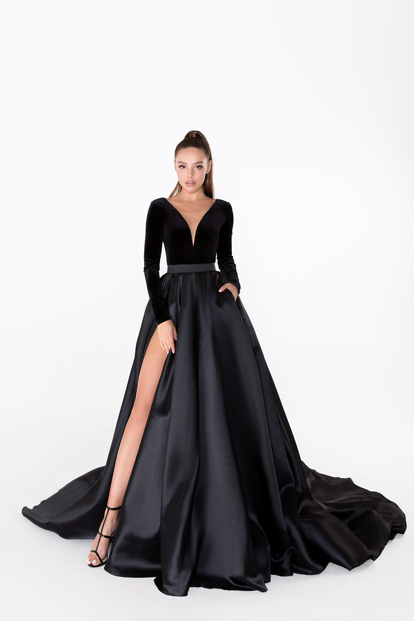 Black Evening Dresses V Neck Velvet A Line Sweep Train Satin Skirt Long Sleeve Cheap Prom Dress Sexy High Split Formal Occasion Gowns