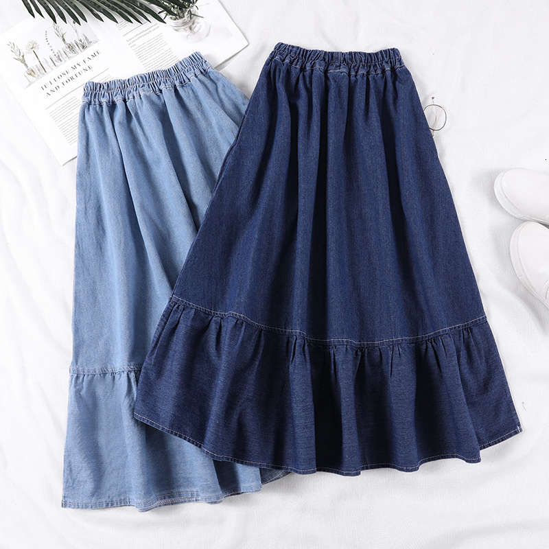 Summer Saia Female A-Line Long Denim Skirt Pockets Women High Waist Midi Jeans Skirts Dark Blue,Light Blue Plus Size Skirt V191202