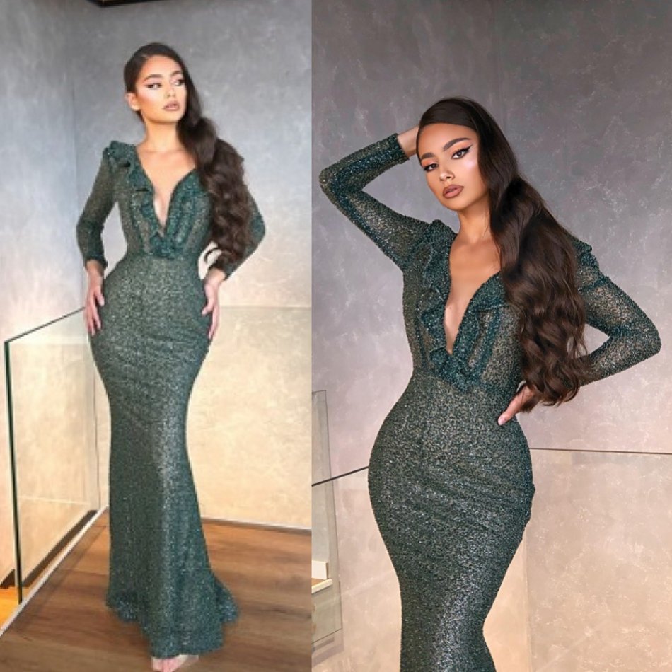 2020 Mermaid Evening Dresses Deep V Neck Sequins Beaded Long Sleeves Prom Dress Ruffle Sweep Train Custom Made Formal Party Gown
