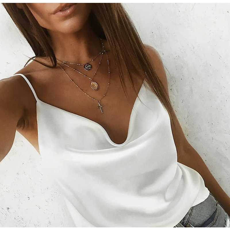 Summer Women's Blouse Women Tops V-Neck Solid Satin Sleeveless Backless Sexy Camis Shirts Feminino Casual B3