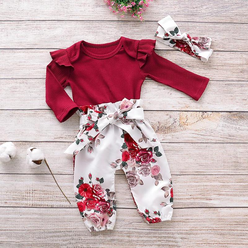 2020 new baby girl Solid Color Tops Clothing Newborn Kids Baby Girls Outfits Clothes Romper Bodysuit+Flower Printed Pants Set