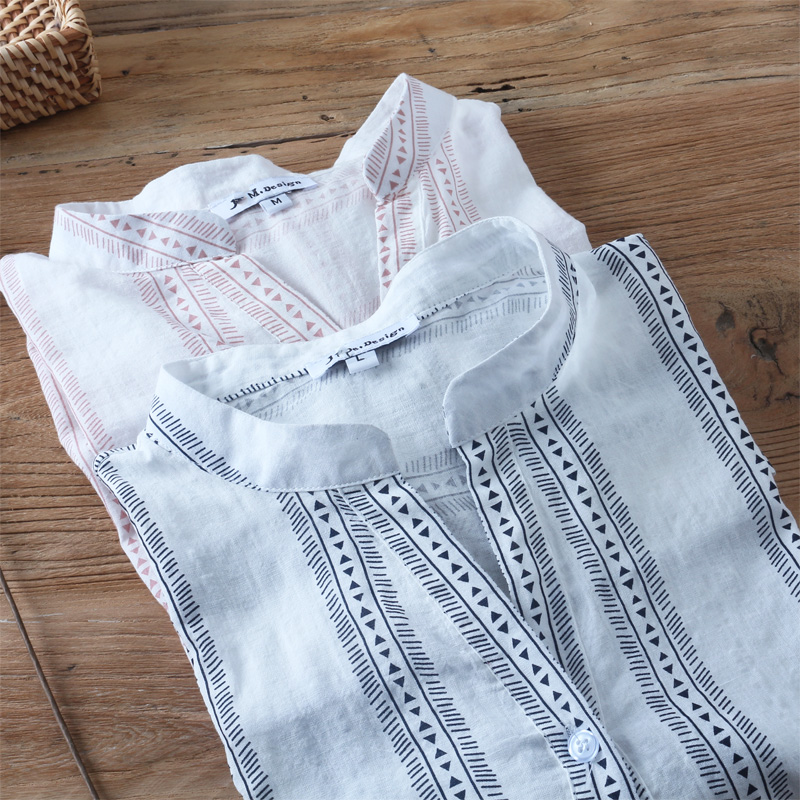 Casual geometric print v-neck cotton yarn loose shirt blouse, Blue